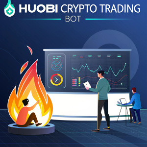 Promotional image for Huobi Crypto Trading Bot. Digital currency trading interface with stylized flame design. Background features Huobi branding and logo.