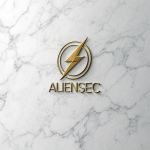 Modern logo design for AliensEC featuring a sleek, central lightning bolt symbol. The logo has a metallic sheen and is set against a smooth marble backdrop. The text is in a classic serif font, creating a sophisticated and memorable brand identity.
