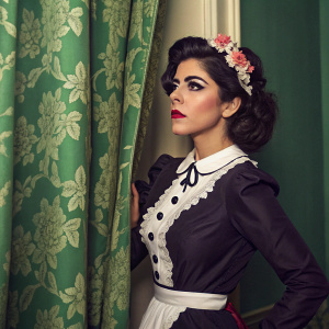 Marina and the Diamonds, Electra Heart album cover. Marina, dressed in a Victorian-inspired costume, stands beside a green floral curtain backdrop. Her makeup is bold and dramatic, complementing her intense gaze.