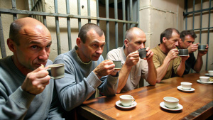 criminals drink chifir in a prison cell