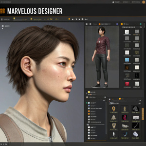 Screenshot of Marvelous Designer software. Multilingual interface with Japanese and English text. Character modeling in progress, showing body shots, facial close-ups, and texture application