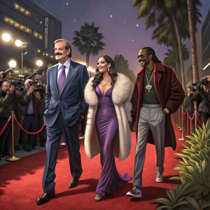 Vicente Fox, Paulina Fox, and Snoop Dogg at a glamorous Hollywood premiere. Red carpet, flashing cameras, and excited fans in the background.