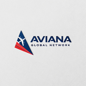 Minimalist aviation logo design for Aviana Global Network. Geometric abstract shape in blue and red colors. Sans-serif font for company name in aviation style. Neutral gray background.
