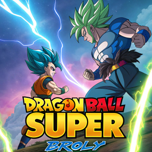 Promotional image for Dragon Ball Super: Broly. Goku and Vegeta in fierce battle stance. Neon colors and text in both Japanese and English.