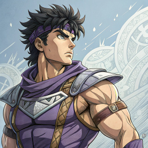 Digital artwork featuring Joseph Joestar. Anime-style illustration. Muscular build, dark spiky hair, determined face. Purple and metallic outfit. Light blue background with intricate graphics.