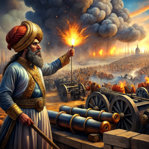 Mehmed the Conqueror fires the Shahi cannons in the Ottoman turbaned army