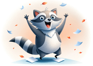 In this image, you can see a joyful raccoon sitting in a pile of scattered papers. He looks happy and open-mouthed, expressing joy or delight. The raccoon is holding the papers in his hand, perhaps looking at them or holding them out to the camera. This scene gives the impression that the raccoon is engaged in something fun or interesting, perhaps having fun looking at or playing with the papers.