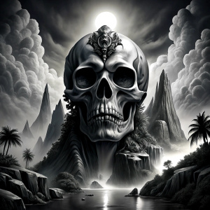 skull island tattoo design - perfect realistic art - high-definition - grey and black - white background 