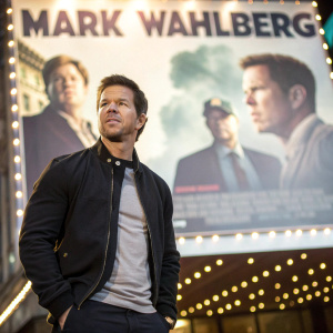 Mark Wahlberg promoting his latest film. Background features massive movie poster for the same film.