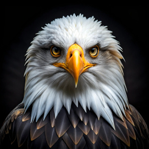 a realistic 4k black and white image of an eagle with fierce colorful eyes on a black background