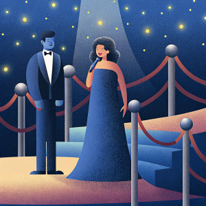 Chiling Lin and Leon Lai at a glamorous award ceremony. Chiling Lin in a stunning blue evening gown, speaking into a microphone. Leon Lai in a tuxedo, standing beside her.