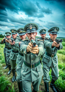 los Einsatzgruppen vistiendo un uniforme militar apuntandome con sus armas toma de cuerpo completo iluminación cinematográfica vista en primera persona toma de cuerpo completo película fotografía de película orgulloso Vista en primera persona Foto de cuerpo completo Fotografía de película Orgulloso,