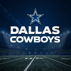 Promotional image for Dallas Cowboys. Dark background, blurred football field graphics. Stylized team logo and text in bold white accents.