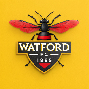 The emblem of Watford Football Club features a sleek black and vibrant red insect. The logo is set against a bright yellow background. Below the insect, the club's name and founding year are written in modern sans-serif font.