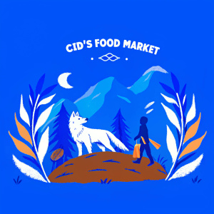 Illustration for Cid's Food Market. Fantasy-themed black t-shirt design featuring a stylized wolf, figures, plants, and natural elements. Black and white contrasting organic shapes and lines with the text 'Cid's Food Market' at the top.