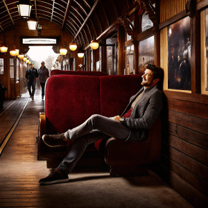 Richard Madden, smiling and casually seated on a red velvet chair. A vintage train station scene serves as the backdrop. The setting is a bustling film festival.