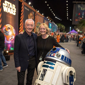 Anthony Daniels and Christine Savage posing with R2-D2 and BB-8 at the Star Wars Celebration event. A bustling crowd and colorful decorations surround them.