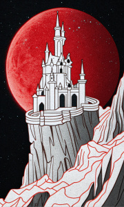 vampire castle on cliff in distance, gothic architecture, background, magic the gathering, matte painting, blood moon, eclipse, landscape, concept art