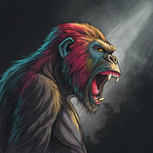 Detailed sketch of a fierce monkey. Vibrant colors, dramatic lighting, set against a dark backdrop.