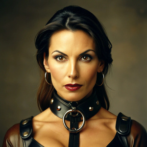 40 yo attractive brunette slave wearing thick broad leather collar and leather armbinder.