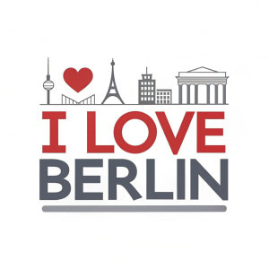 Flat design logo featuring the words 'I Love Berlin' in bold gray and red heart symbol. Modern and minimalistic