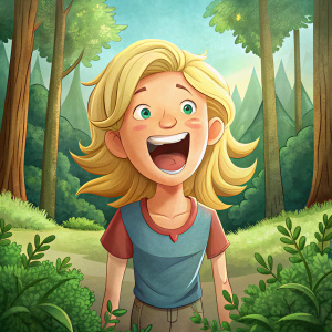 señora rubia gritando alegre desde lejos frente al bosque, ilustrado en caricatura infantil