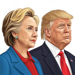 Caricature of Hillary Clinton and Donald Trump. Vivid colors, bold outlines, against a stark white backdrop.