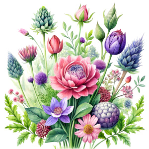 watercolor image , artichokes  ,pink centaurea ,nigella ,mentha ,, hydrangea , wild lupine ,compass plant ,dogwoodevening primrose ,nodding onion , cosmos,scilla,hosta ,achillea,carly dock ,bee balm , physalis , watercolor,  background