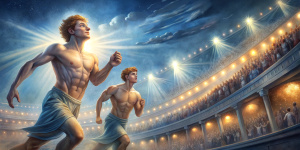 Ancient Greece. Stadium in Athens. Realistic cute shirtless slender young guys with blond wavy hair wearing short perizoma, at full height, are competing in running in Olympic Games on a sunny afternoon.