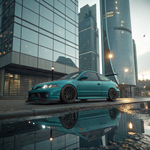 Digital 3D render of teal Honda Civic Type-R. The car sits in front of a futuristic skyscraper with mirrored glass. Water puddles on the street reflect the car's sleek design and the surrounding city lights. Realistic lighting and textures.