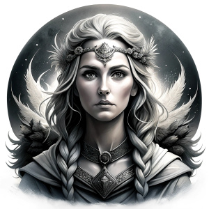 Saga, The Seer - Nordic Goddess of Sagas & Myths perfect realistic art, high-definition grey and black, white background tattoo design