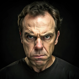 the man's face is evil with lines pointing to furrowed brows, pursed lips and narrowed eyes.  Black background
