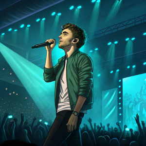 Nathan Sykes from The Wanted performing on stage. Vibrant blue-green lighting and a packed audience