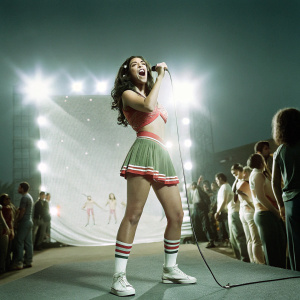 Charli XCX in a vibrant, energetic performance. Cheerleader-themed outfit with neon accents. She stands confidently, microphone in hand, amidst dazzling stage lights and an enthusiastic crowd.