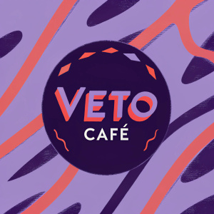 Modern logo design for a trendy cafe named Veto Cafe. Circular emblem featuring bold sans-serif font. V-shaped logo with intricate design elements symbolizing cafe ambiance. Color scheme includes warm shades of gray and red. Abstract shapes and lines enhance the sleek aesthetic.