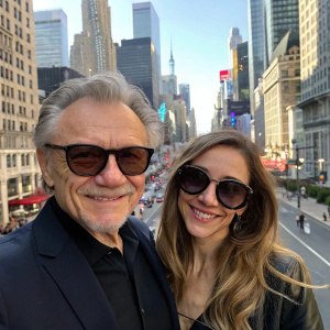Harvey Keitel and Stella Keitel, both wearing sunglasses, pose in front of a bustling cityscape. They are smiling.
