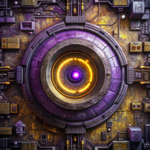 Texture map of an anime-inspired illustration of an eye's iris enhanced by cyberpunk technology, purple and gold