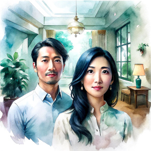 Good looking Asian couple owns luxurious living room