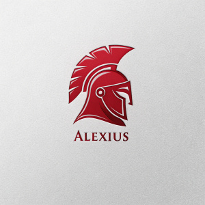 The Spartan helmet logo in sleek, modern design. Bold red color scheme. Named 'Alexius'