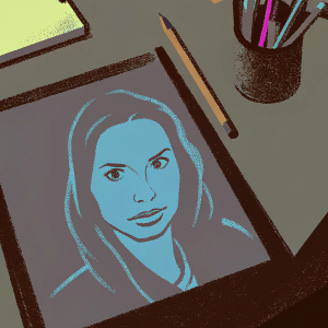 A detailed sketch of Gal Gadot, medium shot, on a plain canvas. Shading pencils, drawing tools, and other art supplies are scattered on the desk. Green tablecloth background