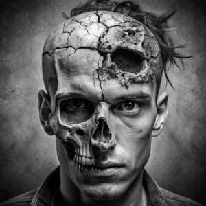 cabeza de persona con cabeza rota desde donde salen rockeros, gamers y cineasta. genero terror
