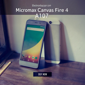 A mesmerizing banner for the Micromax Canvas Fire 4 A107, showcased against a backdrop of ElectronBazaar.com. The phone's futuristic design and detailed specs are highlighted. The glowing 'Buy Now' button invites with an enchanting light.