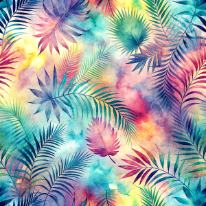 Pattern Seamless, Vintage Old, Soft Colors, abstract Tie Dye, Rainbow, Big Tropical Leaves