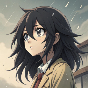 Digital painting of Tomoko Kuroki from Watamote. Anime-style illustration with detailed facial expressions and wavy dark hair