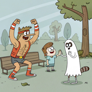 Characters from Regular Show: Muscle Man, Rigby, Skips, High Five Ghost, Pops. Comic strip scene with bold outlines and limited color palette.