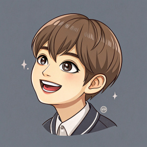 Chibi styled illustration of Taehyung from BTS. Cheerful smile, anime inspired short hair. Gray background, focus on face.