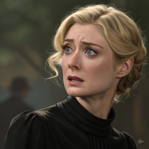 Elizabeth Debicki, blonde actress, with a worried expression. Wearing a black, high-necked dress. Shot in a dramatic close-up.