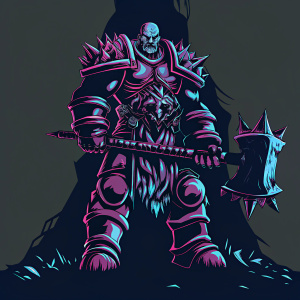 A detailed digital art of Garrosh Hellscream, the iconic orc warrior from the World of Warcraft universe. Standing in a battle-ready stance, he is clad in ornate, spiked armor. Dark, ominous background.