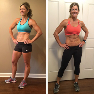 Before and after photos of a woman who completed Insanity Max:30 workout program, showcasing her transformation.