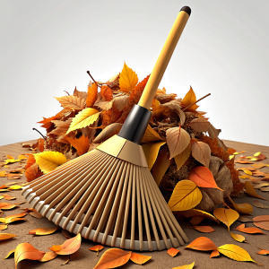 rake cleaning up a pile of autumn leaves, no backbround